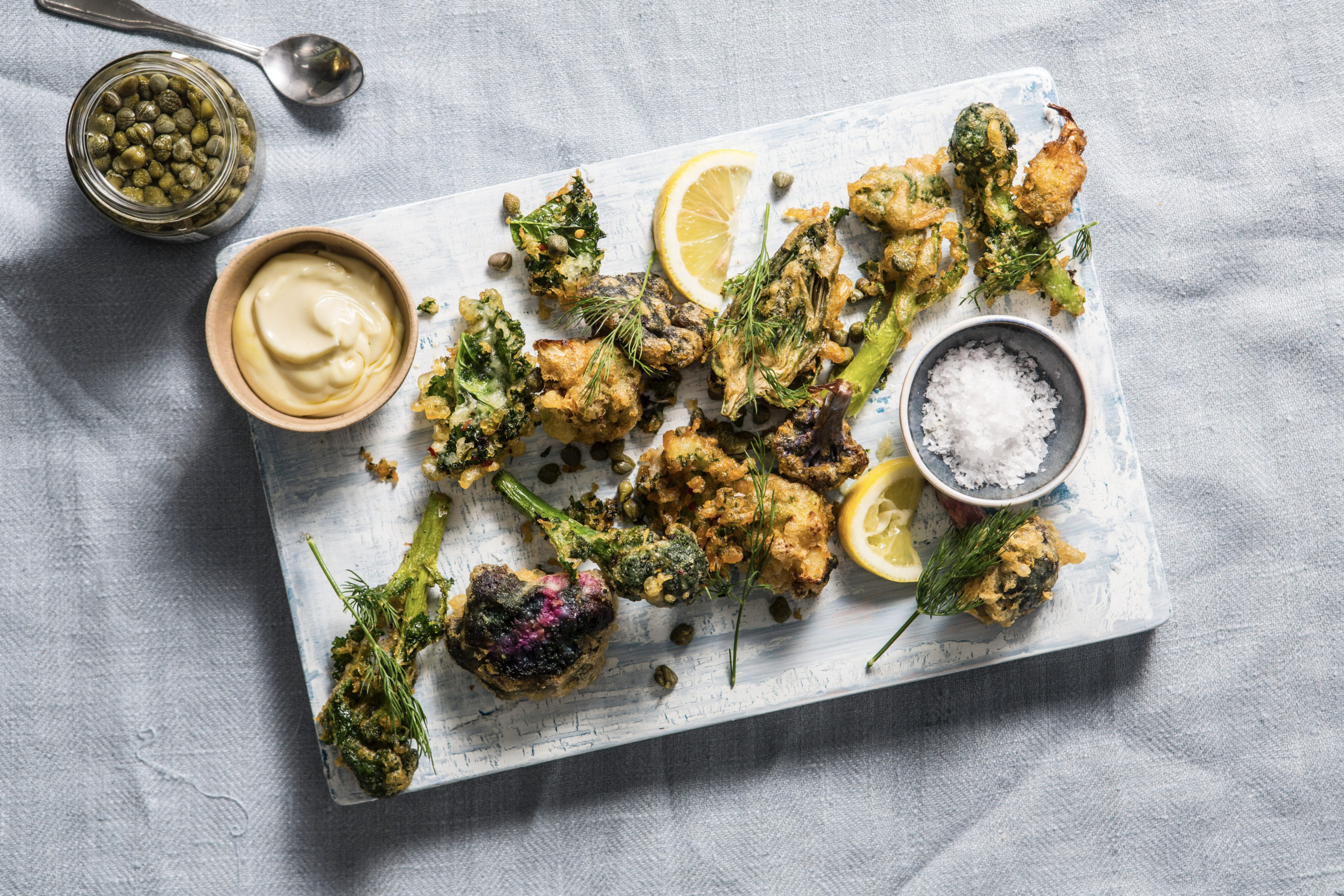 Aioli with lemon and tarragon pairs well with appetizers like these tempura vegetables.